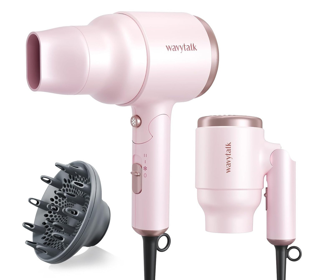 Blow Dryer with Diffuser, Mini Hair Dryer with Folding Handle, 1600W Quiet Light