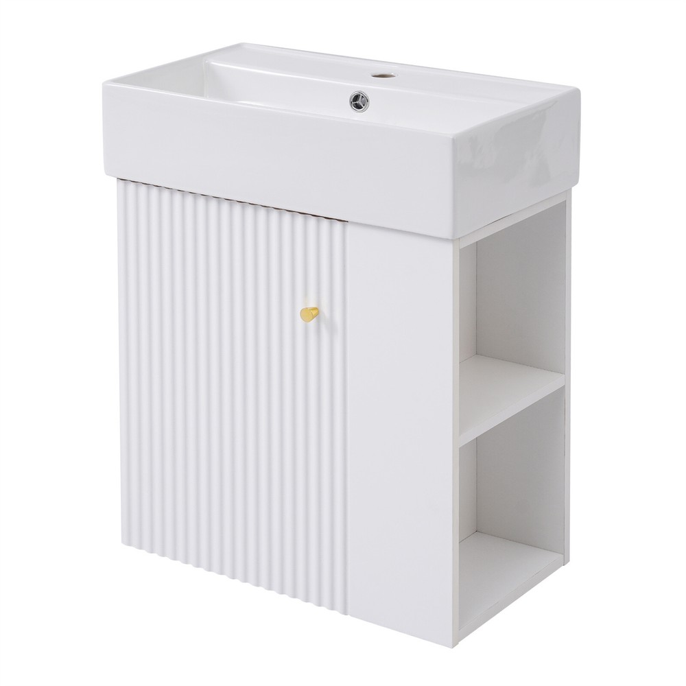 Modern Floating Bathroom Vanity Cabinet with Ceramic Basin and Side Storage