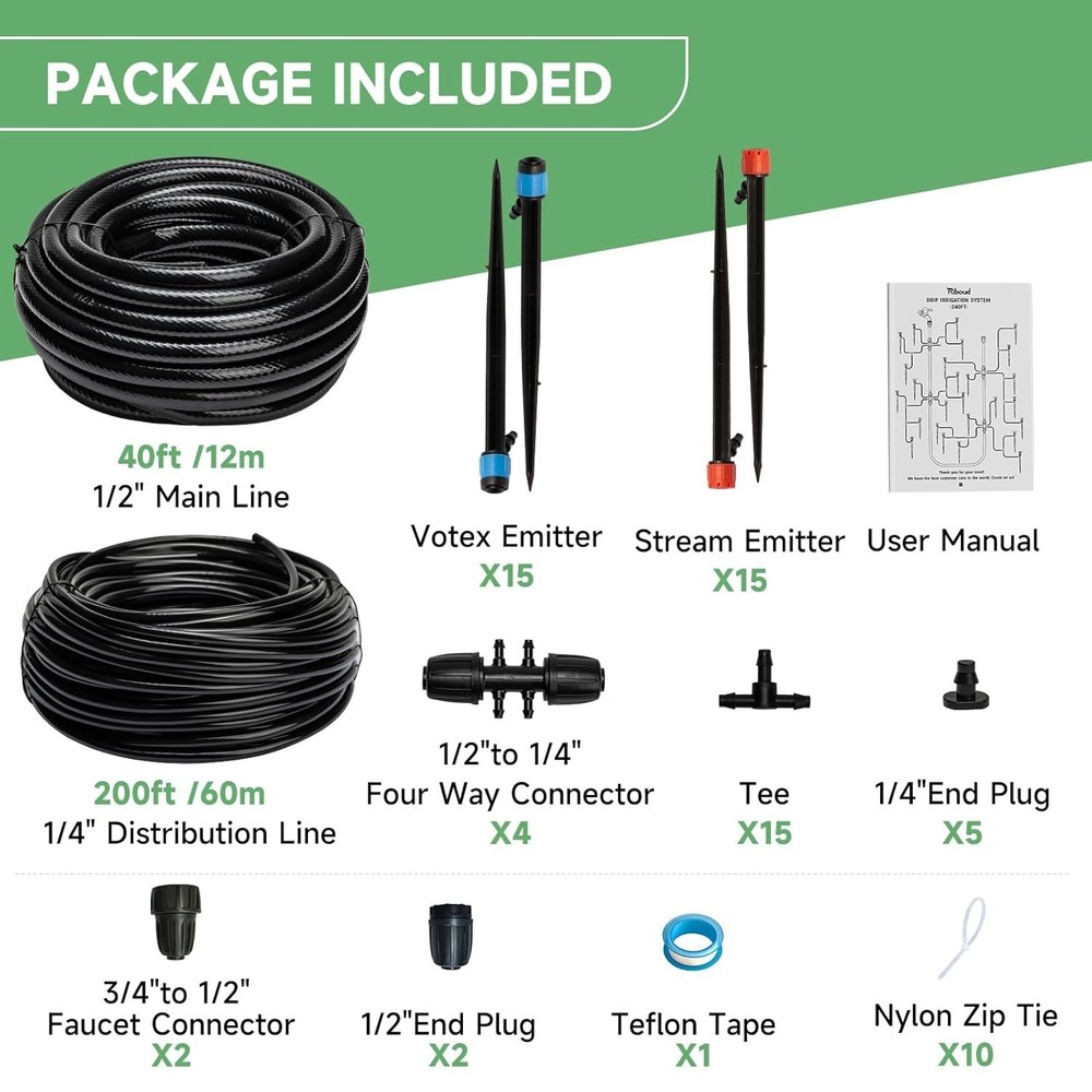 240FT Drip Irrigation System Kit - Automatic Garden Watering, Adjustable, for...