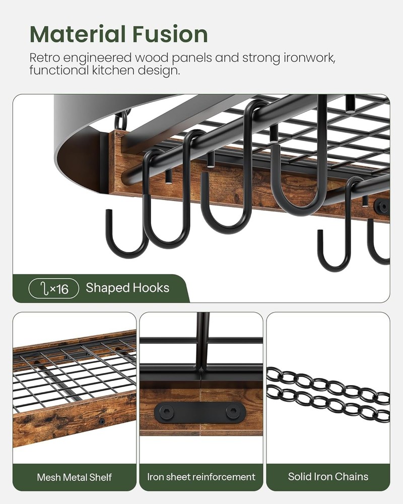 31.7-Inch Hanging Pot Rack, Space-Saving Pot Hanger for Kitchen, Ceiling Pan Han