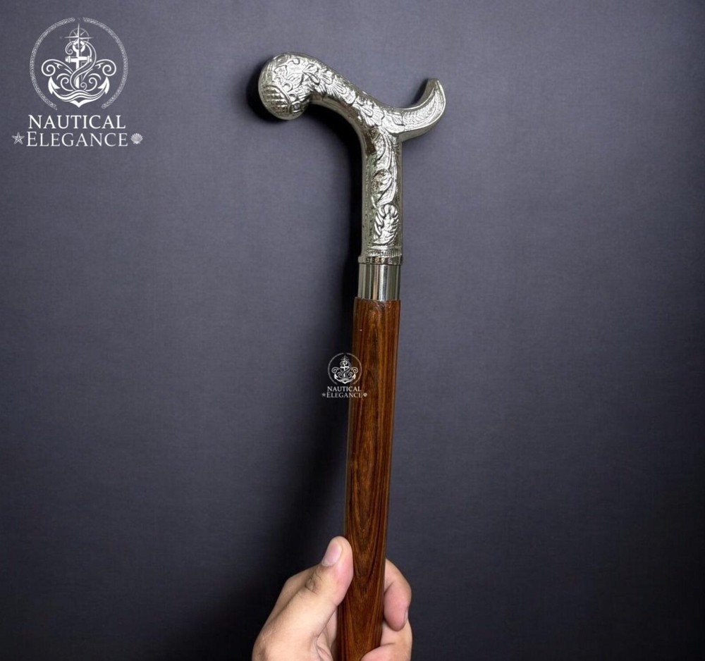 Victorian Solid Brass Derby W/Engraved Silver Brass Handle Wooden Walking Stick