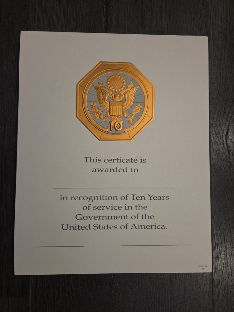 u s government service certificate 10 Years