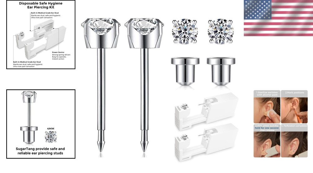 Safe Self-Piercing Ear Kit with Disposable Gun & 4mm CZ Studs – Gold Experience