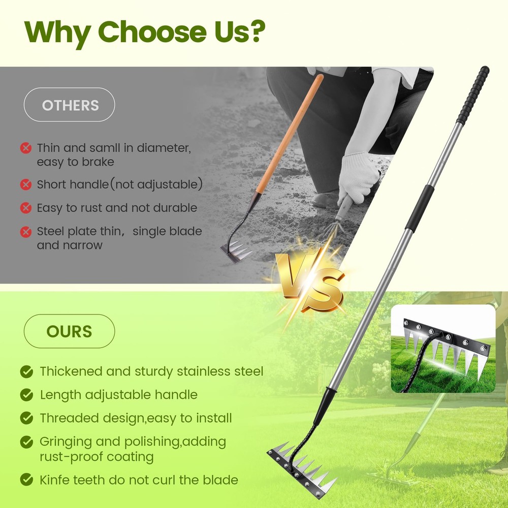 Heavy-Duty Iron Weeding Rake with Long Handle - 8 Teeth Manual Tool