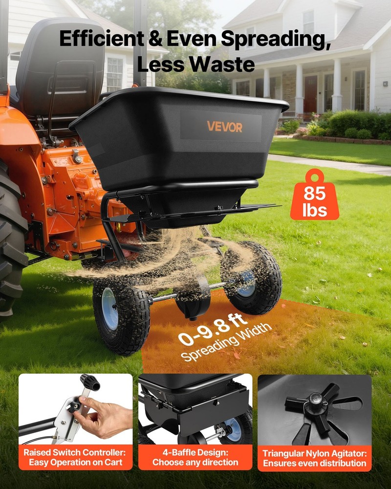 HOT/ Tow-Behind Spreader,9.8 ft Spreading Width,Broadcast Spreader w/10" All-Te