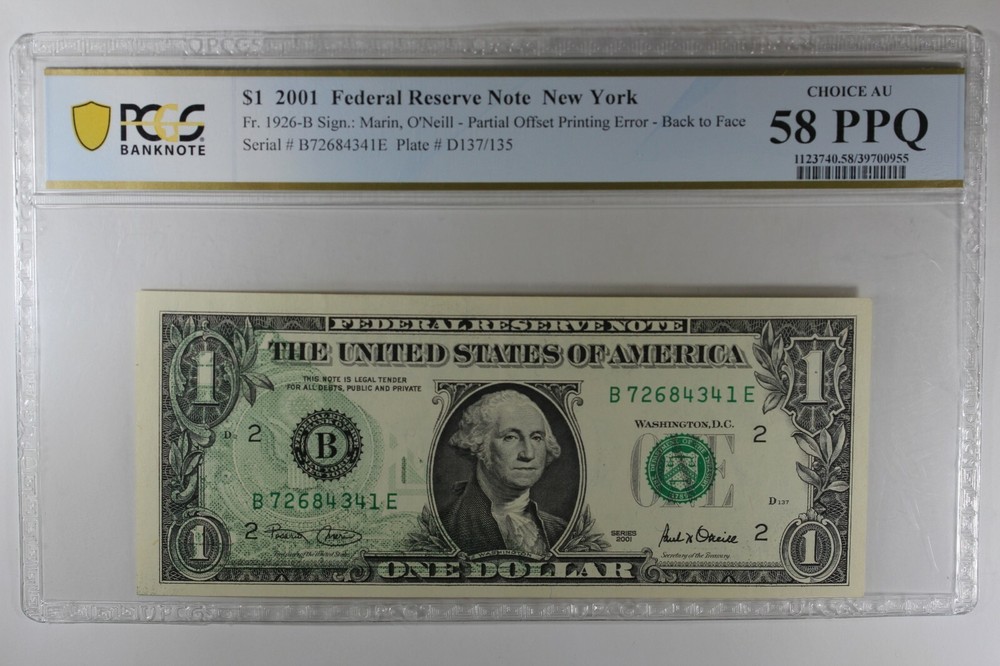 2001 $1 PCGS AU58PPQ  PARTIAL OFFSET PRINTING ERROR - CONSEC.SERIAL #'S (2)