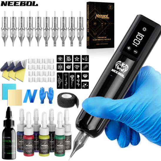 Complete Wireless Tattoo Kit Neebol Rotary Pen Set with Needle Ink Beginner Gift