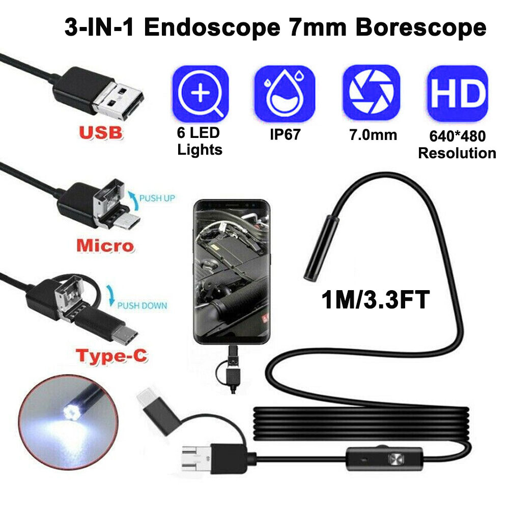 1M Endoscope Borescope HD Inspection Camera Scope for Android Waterproof