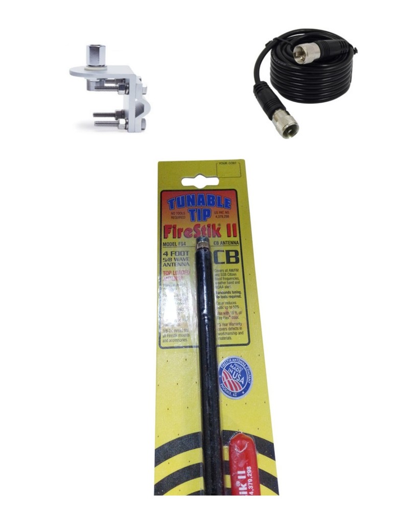 NEW FIRESTIK 2 FS4 B 4FT BLACK CB ANTENNA, 9FT COAX, BRACKET & STUD