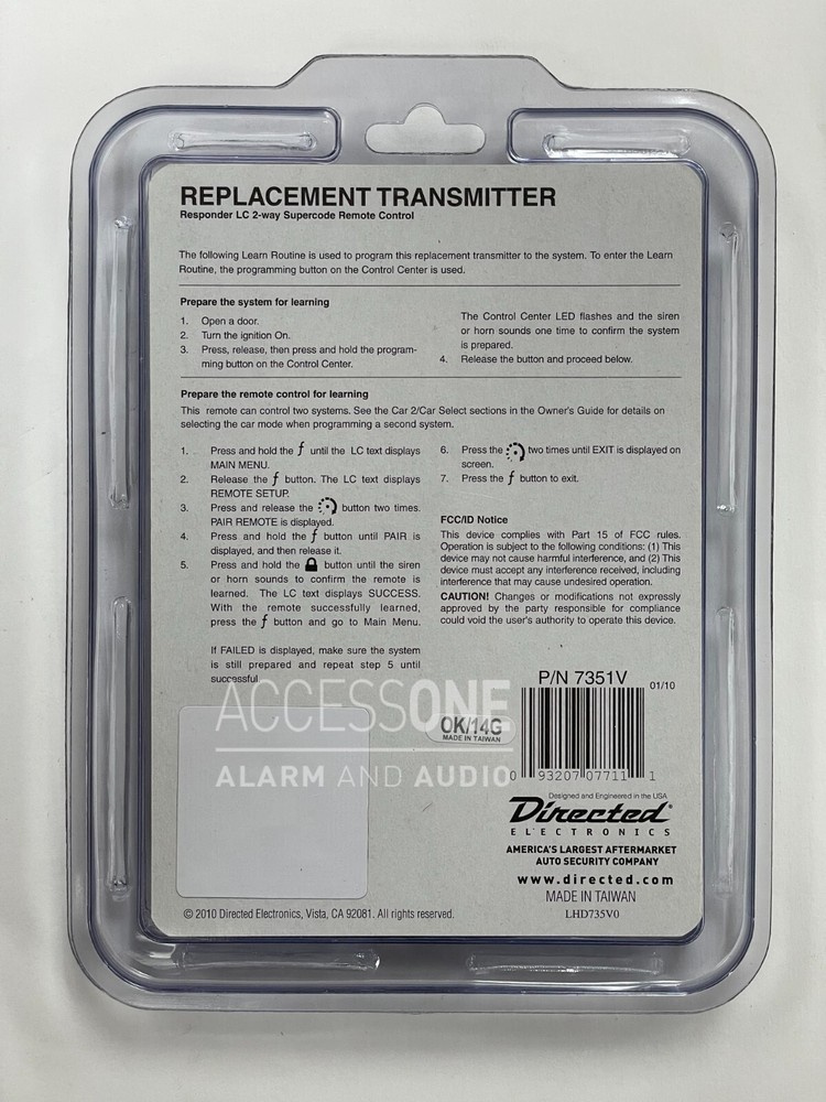 Viper 7351V 2-Way LCD Replacement Remote Control Responder LC Series