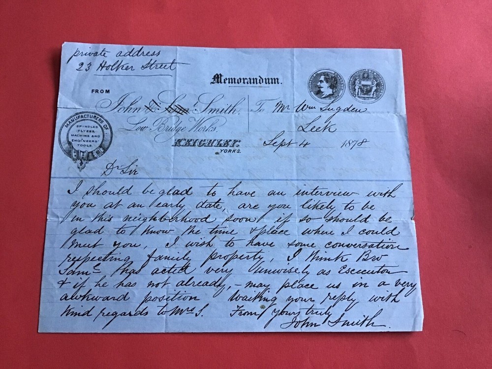 John Smith 1878 Keighley Yorks Memorandum  R34664