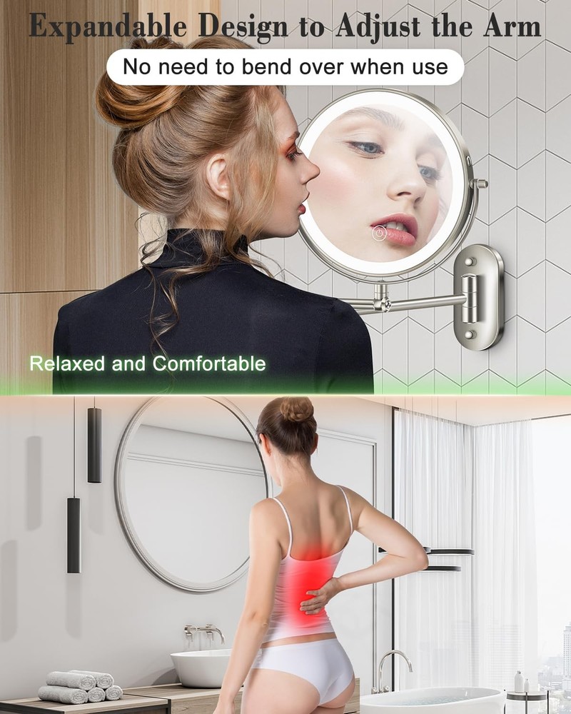 9'' 30X/1X Wall Mounted Lighted Makeup Mirror, Height Adjustable Double Sided...