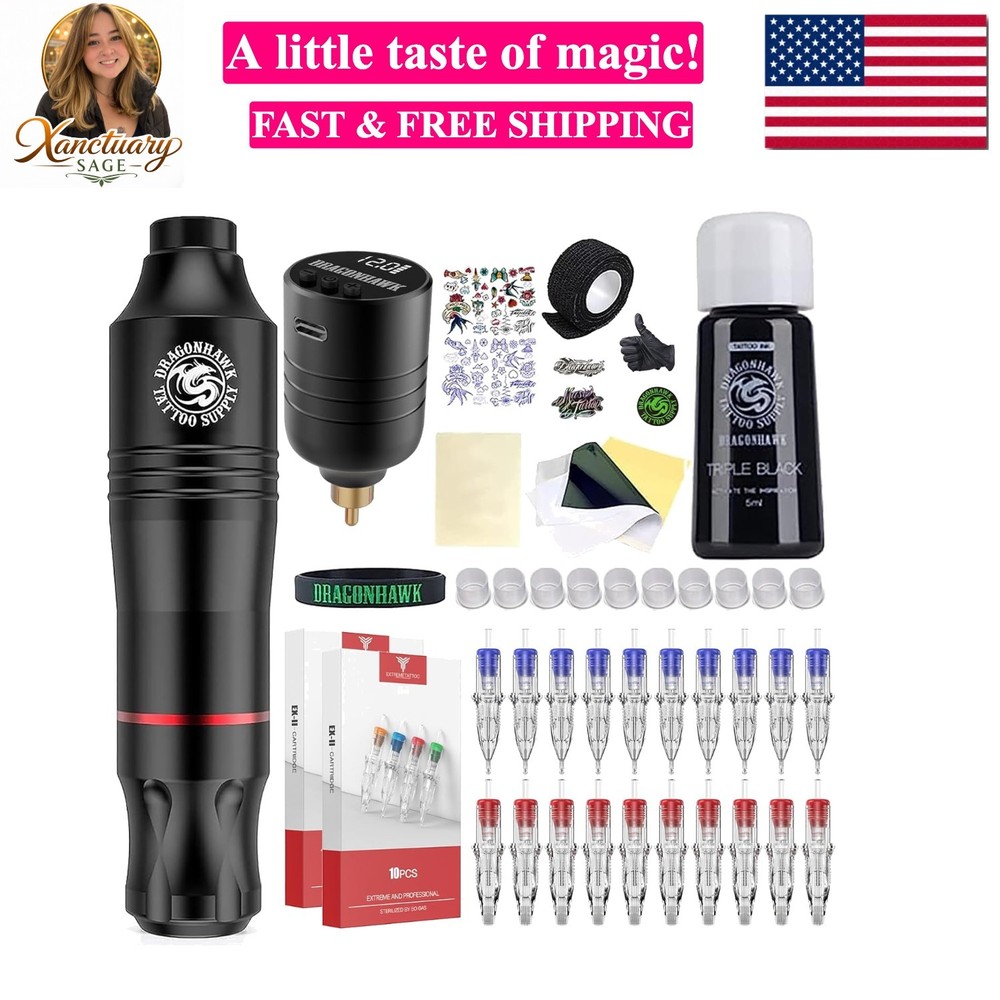 Atom Wireless Tattoo Gun Pen Machine Kit - Complete Beginner Tattoo Kit with ...
