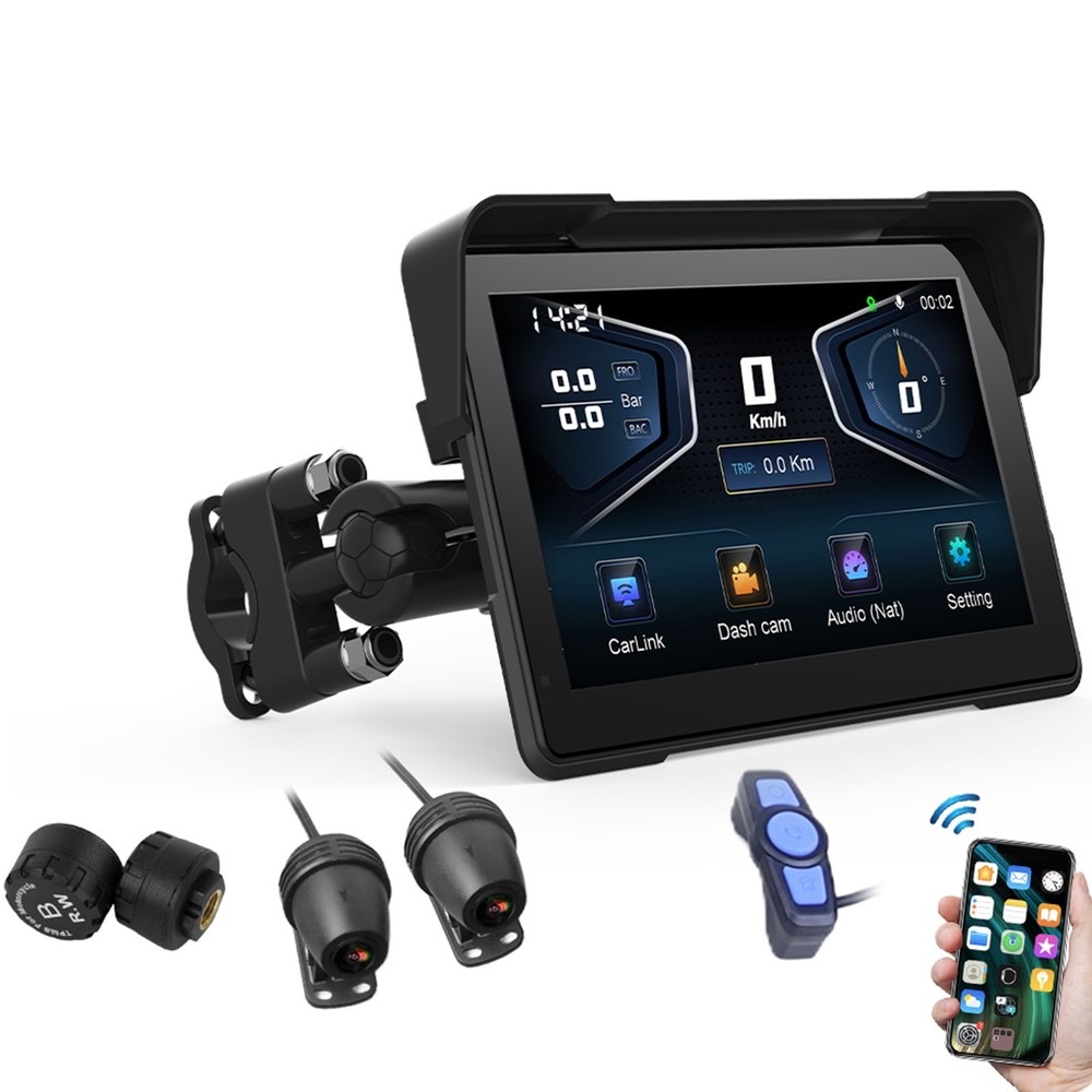 7" Motorcycle GPS Navigation Touch Screen Wireless CarPlay Android Auto Cam WIFI