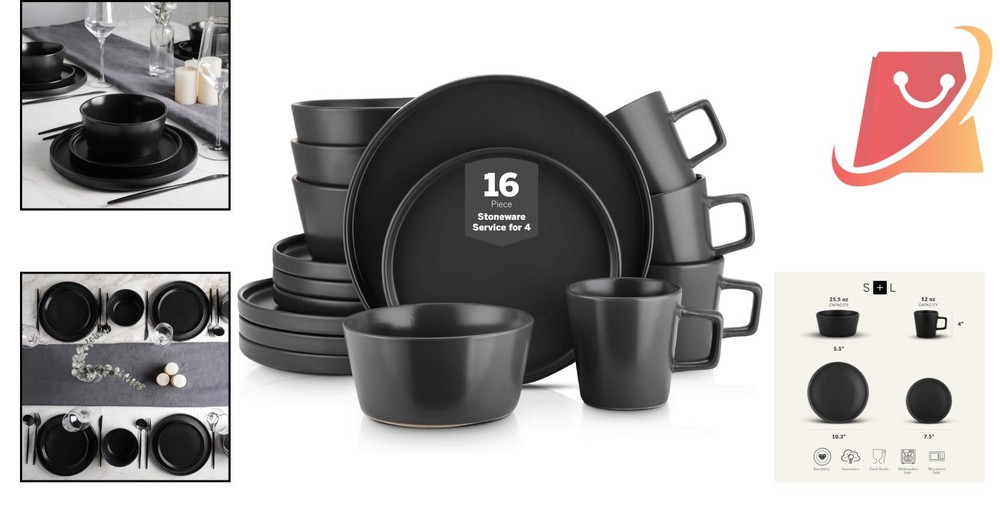 Stoneware Dinnerware Set 16 Pieces Black Matte Service for 4 Dishwasher Safe