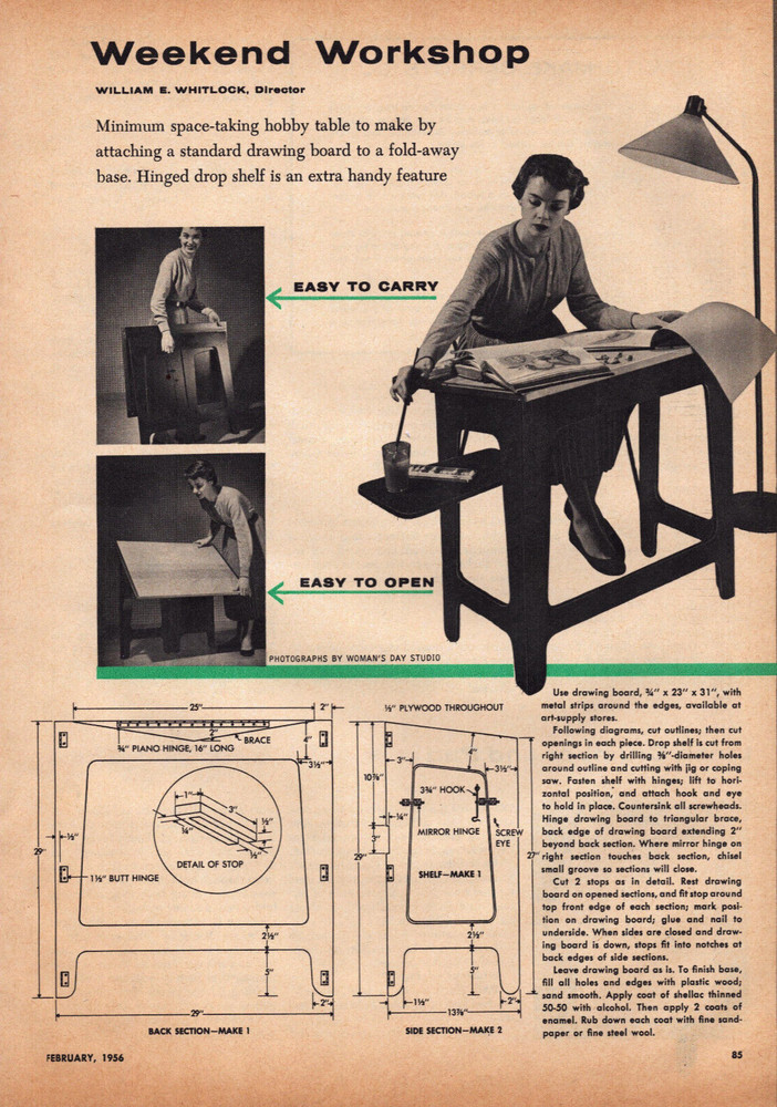 Weekend Workshop Hobby Table Plans Hinged Drop Shelf foldaway Vintage Print 1956