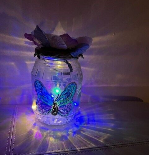 Butterfly hand painted jar solar lantern, indoor, fairy string lights table top