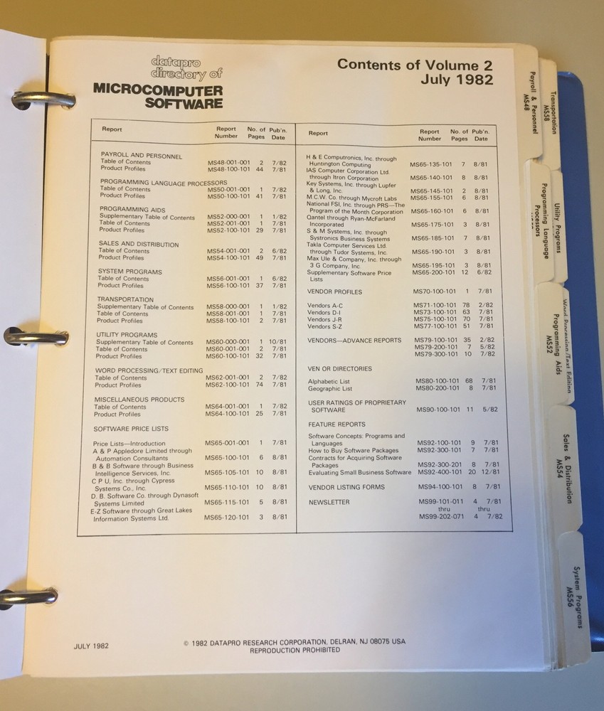Vintage 1982 DATAPRO Directory Of Microcomputer Software Binder 1 & 2