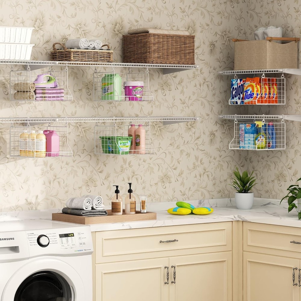 Space-Saving Laundry Organizer with 360° Rotating Hooks - 3-Tier Metal Baskets