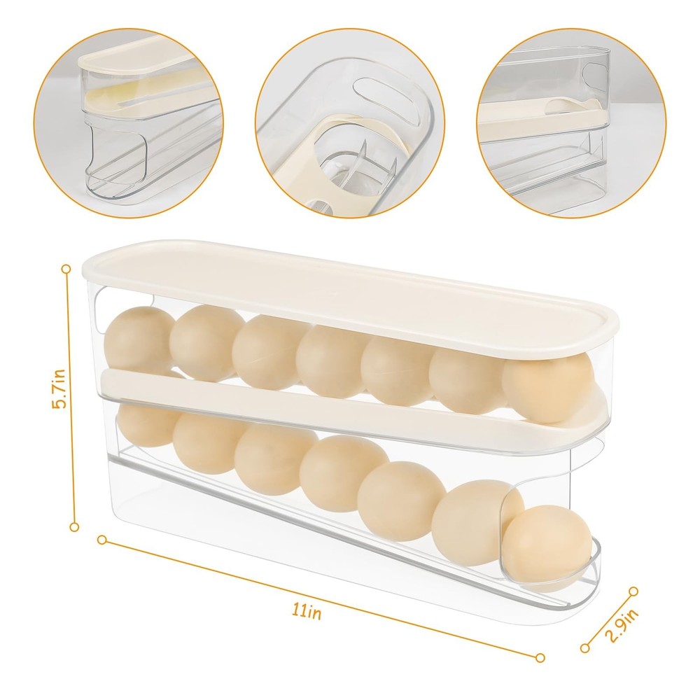 Automatic Roll Down Egg Dispenser for Refrigerator Organizer with Lid, 12-Cou...