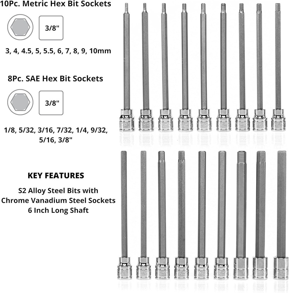 NEIKO 10079A Extra Long Allen Hex Bit Socket Set, 18 Piece SAE