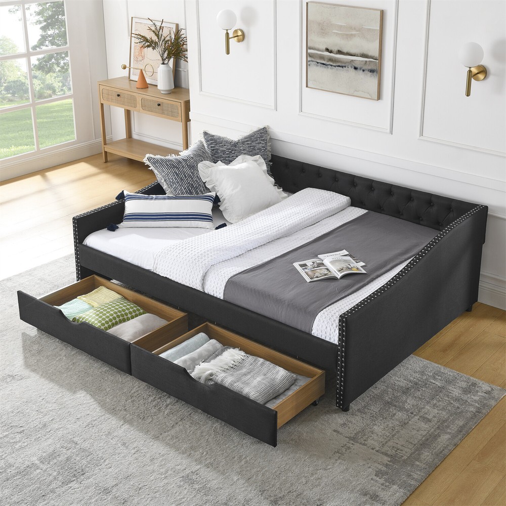 Queen Size Daybed w/ 2 Storage Drawers Upholstered Bed Frame Sofa Bed US