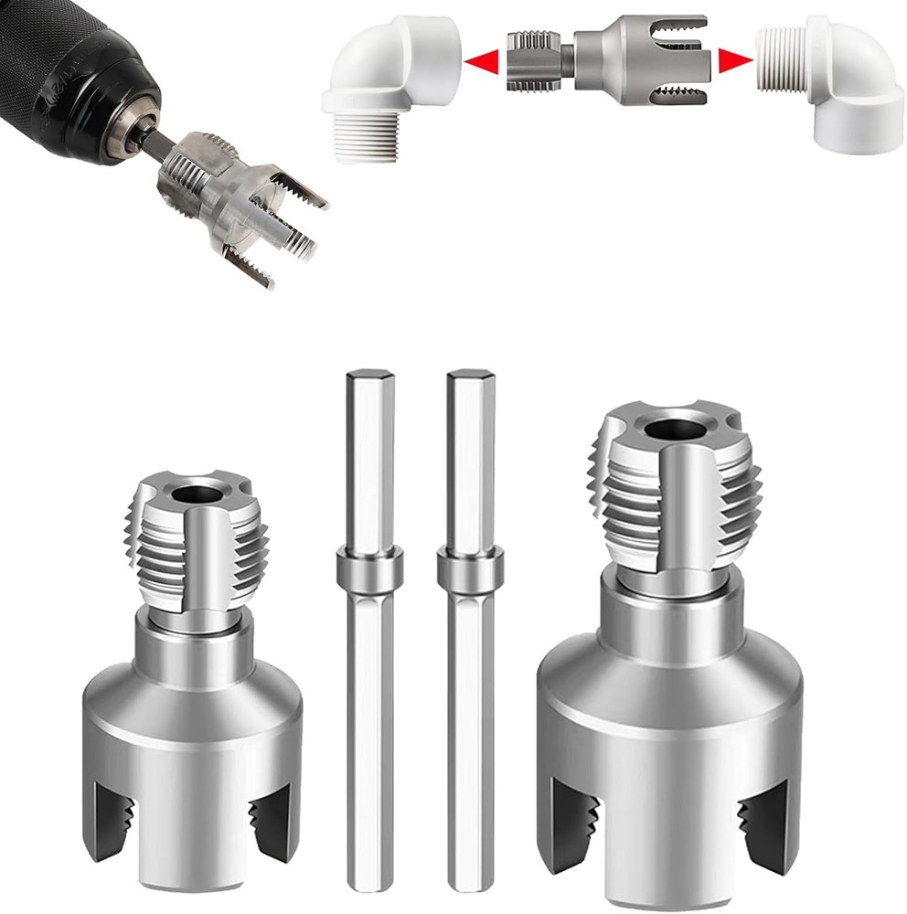 PVC Pipe Threader Kit, 3 Piece Set, 1/2" 3/4" NPT Sizes, Dual-Function Intern