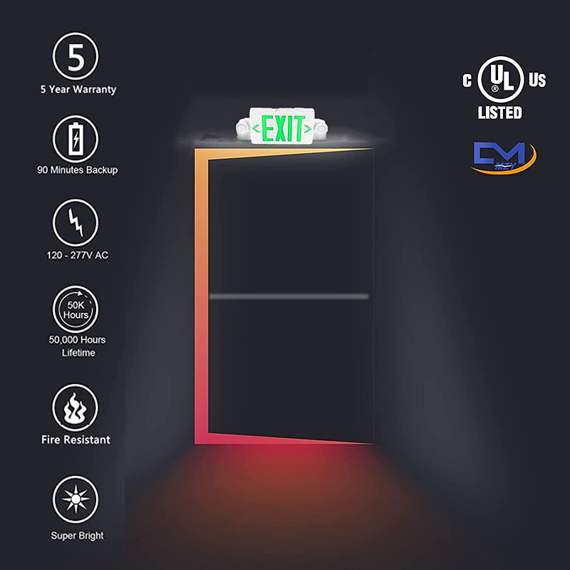 LED Exit Sign Emergency Light Compact Combo Double Face w/Battery Backup Green