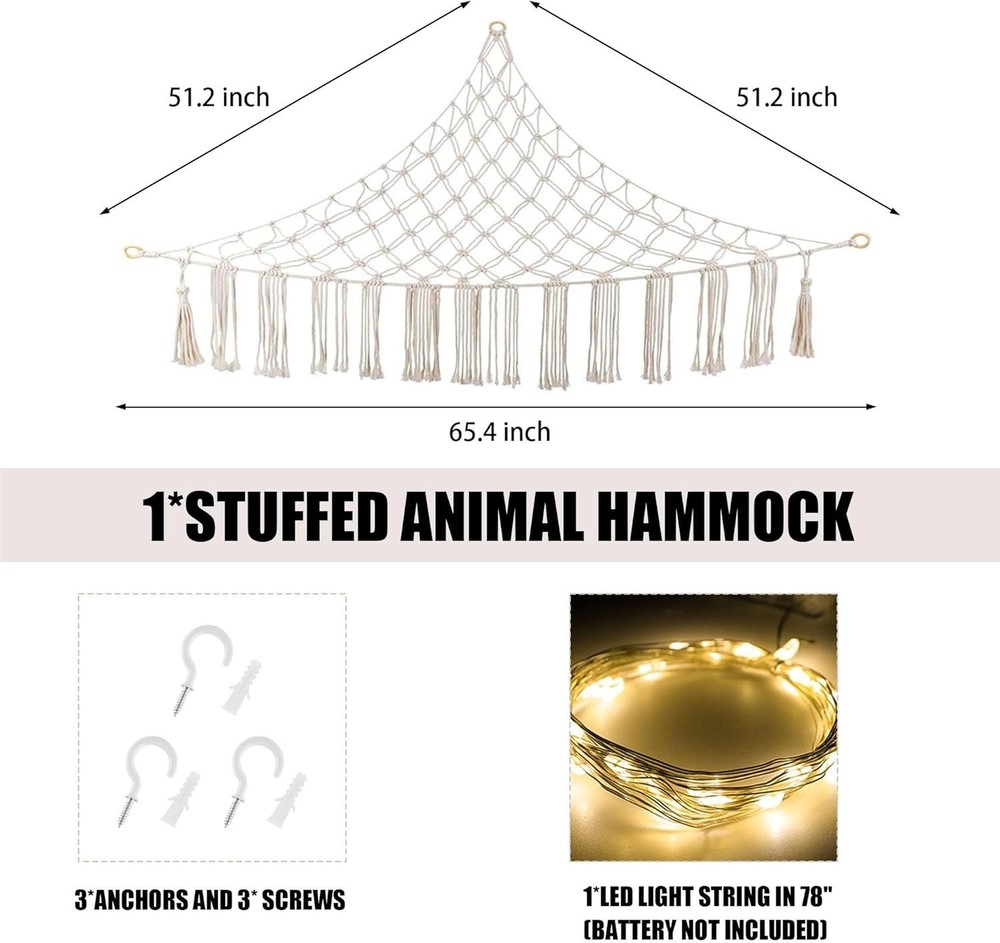 Jumbo White Stuffed Animal Hammock with LED Light – Chic Corner Storage Solution