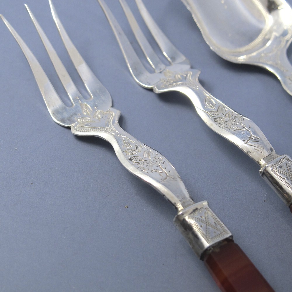 Dutch .835 Silver 3-Piece Agate Handled Serving Set 2 Forks & Server No Monogram