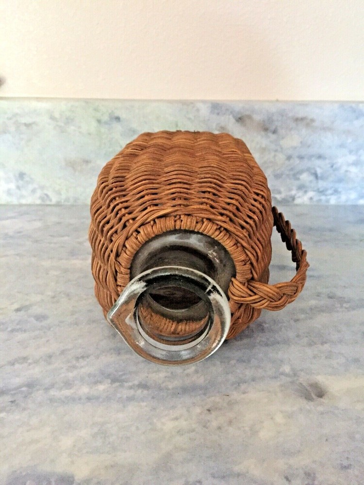 Antique Wicker Covered Square Spouted Bottle Unusual