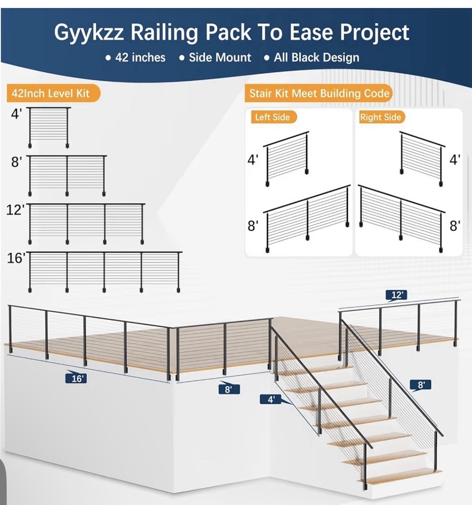 Gyykzz 42” Black Side Mount Cable Railing Kit 3 Posts 154ft Cable New, Open Box