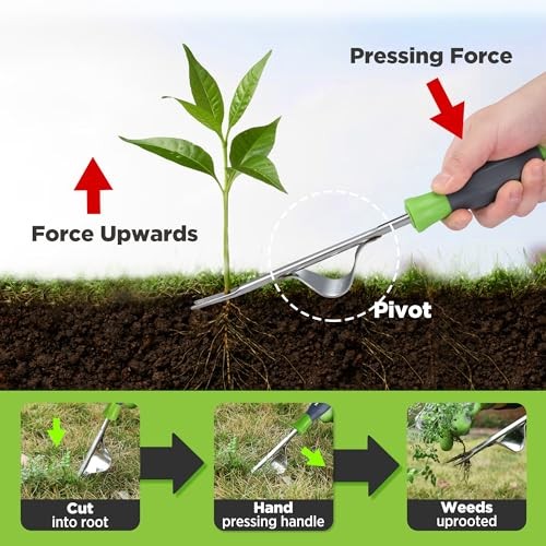 Weed Puller Tool, Metal Leverage Base and V-Shaped Forks for Easy Weed