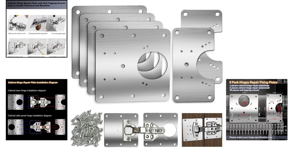 Durable 6 PCS Kitchen Cupboard Hinge Repair Kit with Mounting Screws Included