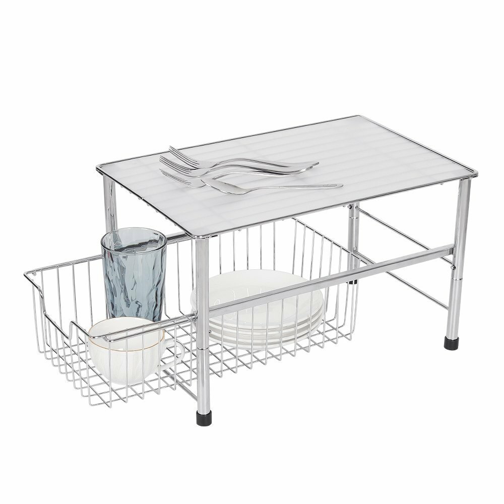 2-Tier Stackable Under Sink Organizer w/Sliding Storage Drawer Cabinet Kitchen