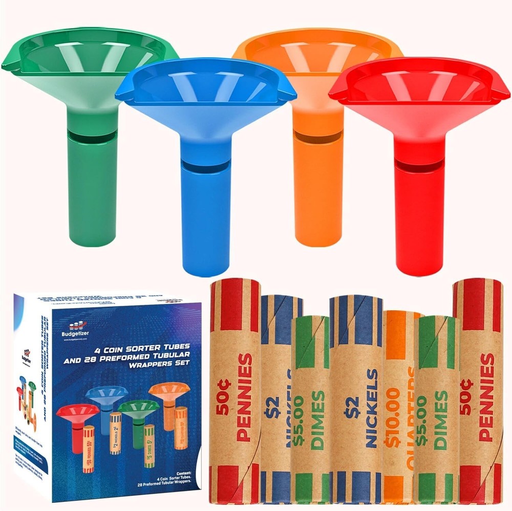 Effortless Coin Sorting – 4 Color Coded Tubes & 28 Preformed Wrappers Set