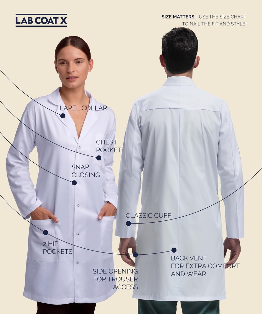 Professional Unisex Coat 40 Inch Length Snap Closing Multiple Pockets