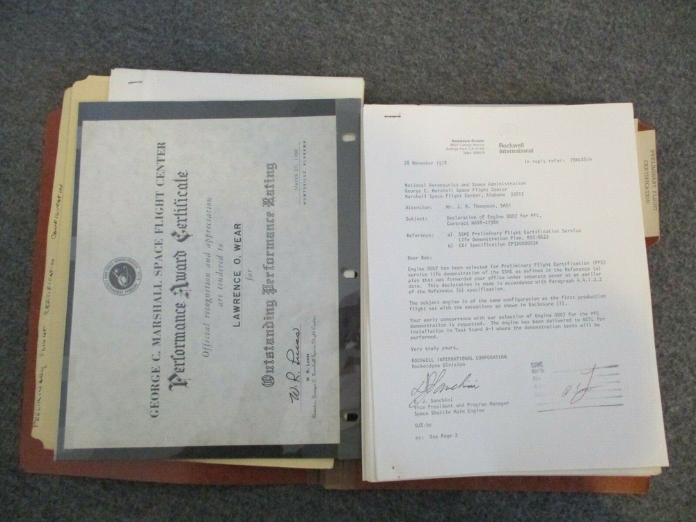 1978-80 NASA MSFC SPACE SHUTTLE PRELIMINARY FLIGHT CERTIFICATION INFO+AWARD CERT