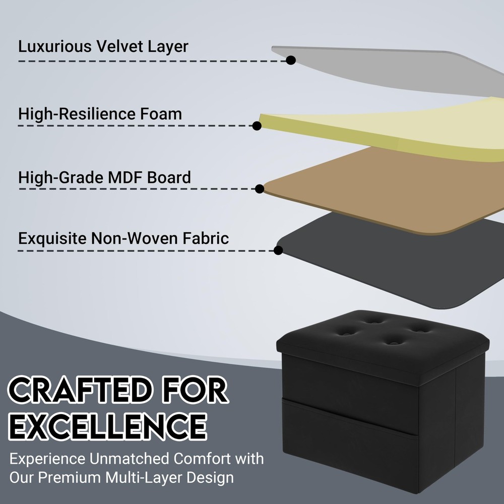 Multi Use Storage Ottoman, Velvet Foot Rest, Foldable Design, Compact, Black