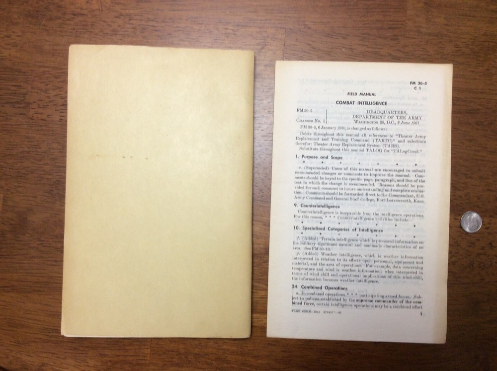 1960 Army Combat Intelligence Book War Department Technical Counterintelligence