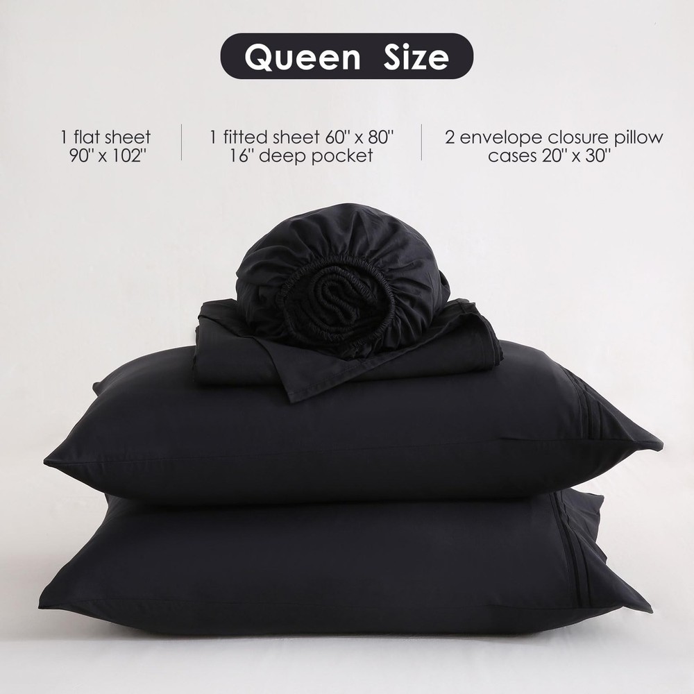 JSD Black Queen Sheet Set with Side Pocket Corner Straps, 4 Piece Soft Microf...