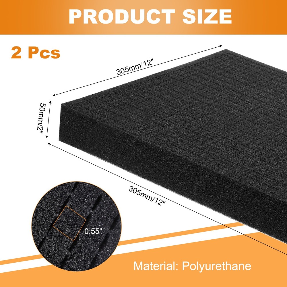 2 pcs Polyurethane Foam Inserts, 12"Lx12"Wx2"T Packing Sheets Pre Cut(Black)