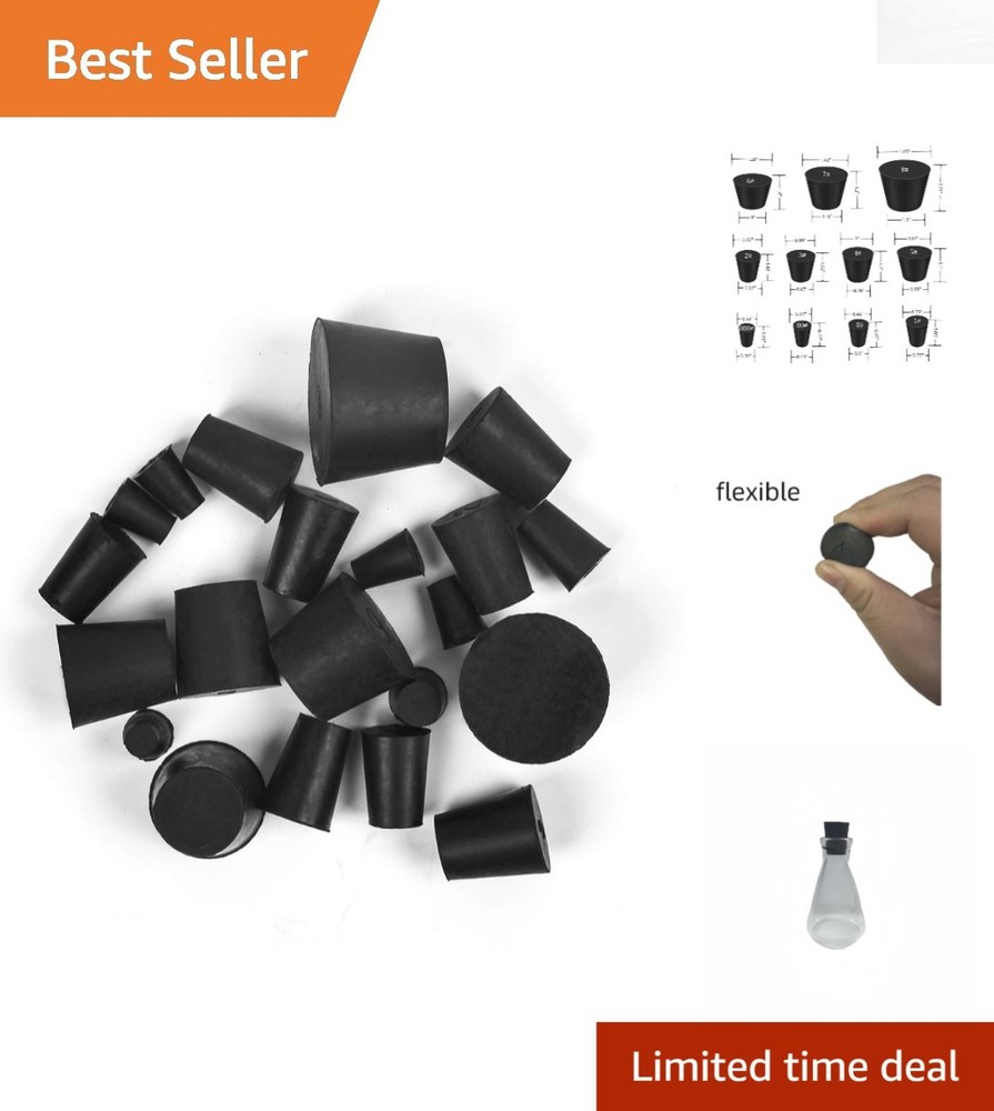 Black Rubber Stopper Collection - 21 Count, 11 Sizes for Laboratories