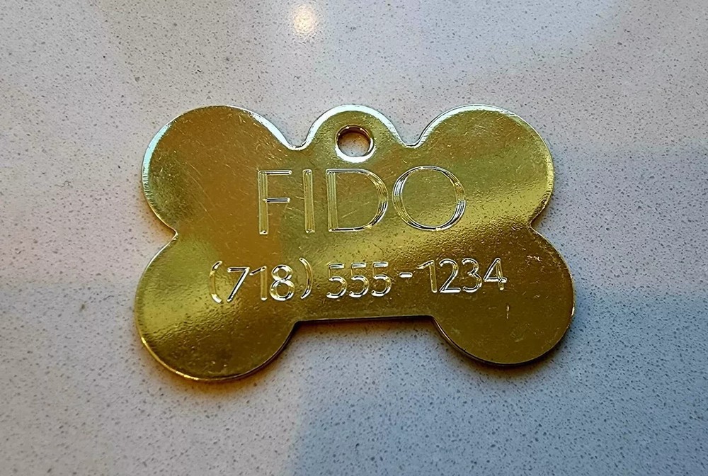 PET TAGS BONE (5.5cm) ID SOLID BRASS 2 SIDE DIAMOND ENGRAVE DOG CAT NAME TAG