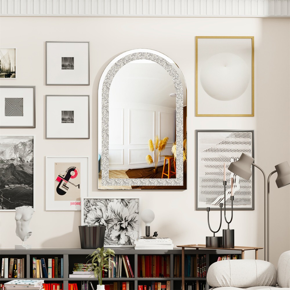 Crystal Decorative Mirror for Wall Arched Gorgeous Silver Crush Diamond Mirror