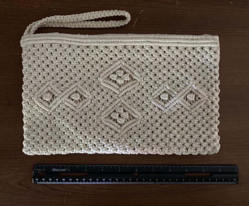 Vintage Cream macrame clutch with a wristlet strap 12” X 7”