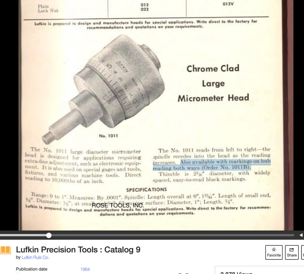 lufkin No. 1011B large Micrometer head. reading in both directions