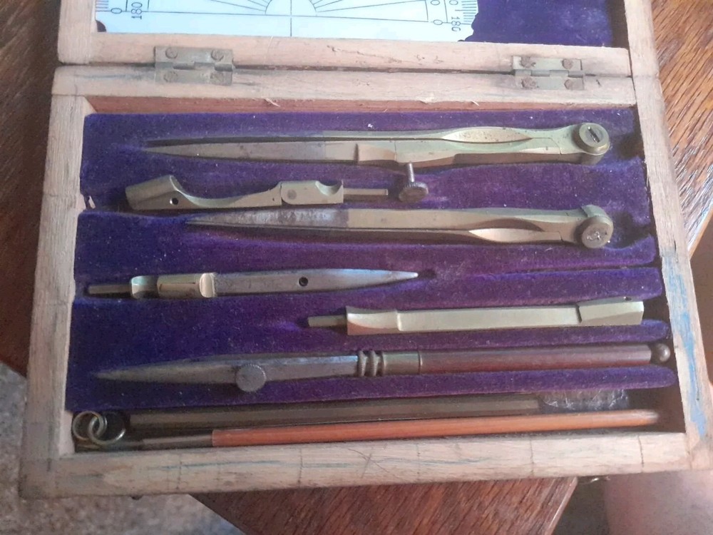 VICTORIAN DRAFTSMAN SET BRASS BOXED INTERCHANGABLE PIECES Complete