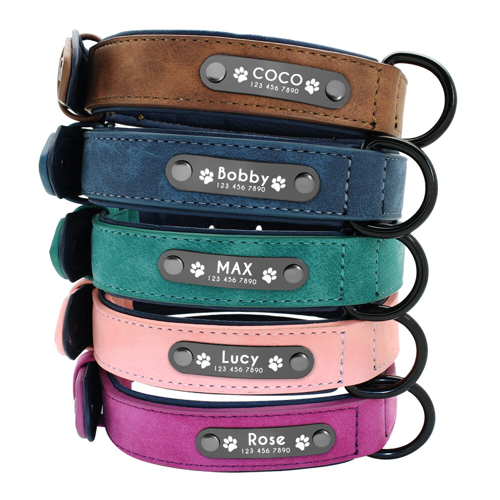 Custom Personalized Leather Dog Collar Leash Optional Padded ID Name Engraved