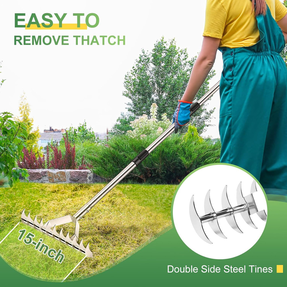 62" Thatch Rake, Adjustable Handle 15-Inch Wide Lawn Thatching Rake for Cleaning